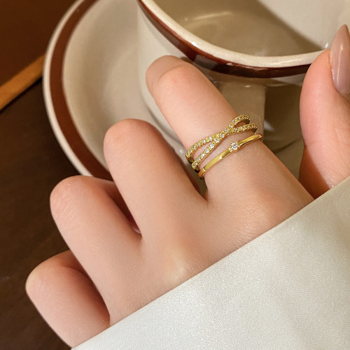 金色滿鑽多層交叉開口戒指女輕奢高級感2026新款爆款小衆設計指環