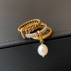 歐美復古多層巴洛克珍珠戒指女小衆設計輕奢時尚個性金色食指指環