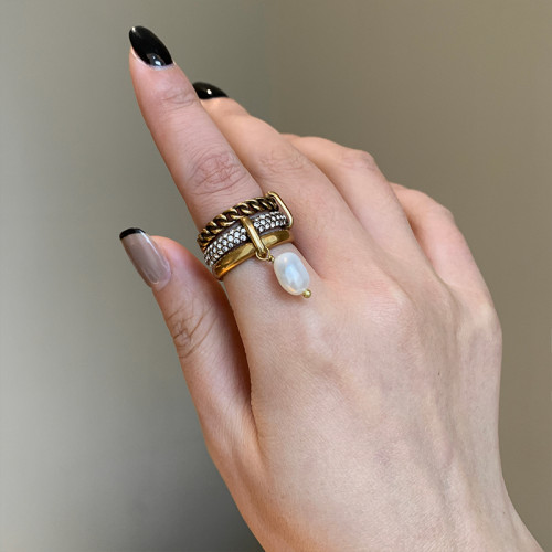 歐美復古多層巴洛克珍珠戒指女小衆設計輕奢時尚個性金色食指指環