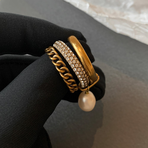 歐美復古多層巴洛克珍珠戒指女小衆設計輕奢時尚個性金色食指指環