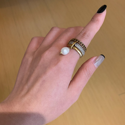 歐美復古多層巴洛克珍珠戒指女小衆設計輕奢時尚個性金色食指指環