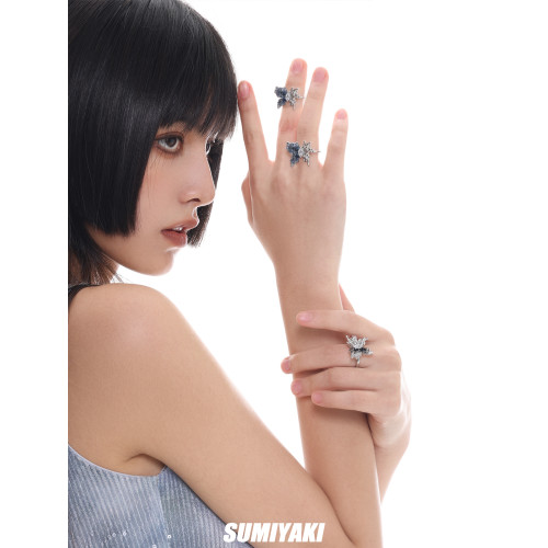 SUMIYAKI 立體碎鑽漸變蝴蝶戒指絕美黑色藍色小衆ins個性開口戒 SUMIYAKI 立體碎鑽漸變蝴蝶戒指絕美黑色藍色小衆ins個性開口戒