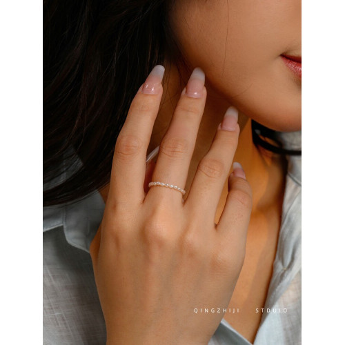 強光淡水養殖超小米粒珍珠戒指女全網zui細純手工製作彈力繩戒指