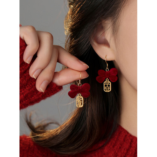 【巷南】925銀紅色蝴蝶結耳環2026馬年本命年耳釘過年女新年耳飾