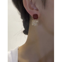 銀針紅色耳釘精緻時尚方形滿鑽耳環簡約設計個性耳飾秋冬新款韓國