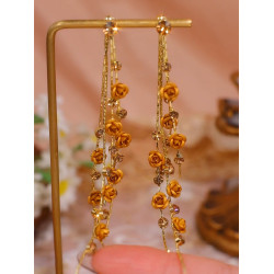 超長款茶色玫瑰花流蘇耳釘耳環女超仙美拉德色誇張銀針防過敏耳墜