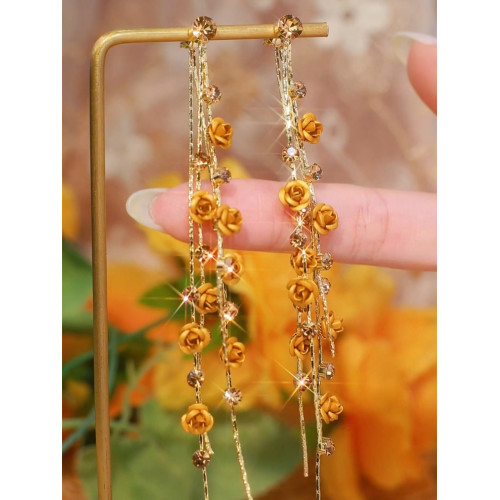 超長款茶色玫瑰花流蘇耳釘耳環女超仙美拉德色誇張銀針防過敏耳墜