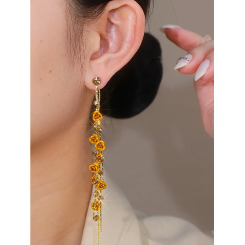 超長款茶色玫瑰花流蘇耳釘耳環女超仙美拉德色誇張銀針防過敏耳墜