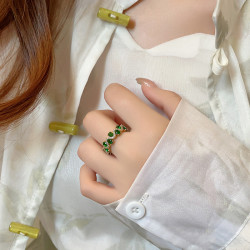 鋯石祖母綠戒指女輕奢高級感指環小衆設計2026新款爆款綠色開口戒