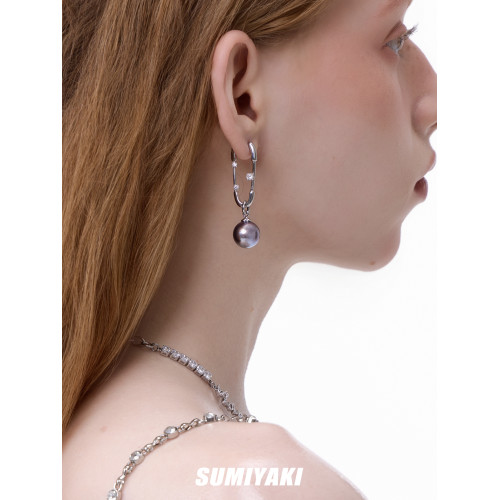 SUMIYAKI 鑲鑽廻形針正圓黑珍珠耳環耳墜耳釘