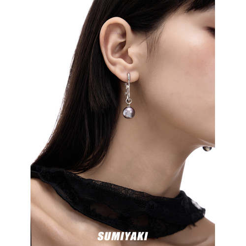 SUMIYAKI 鑲鑽廻形針正圓黑珍珠耳環耳墜耳釘