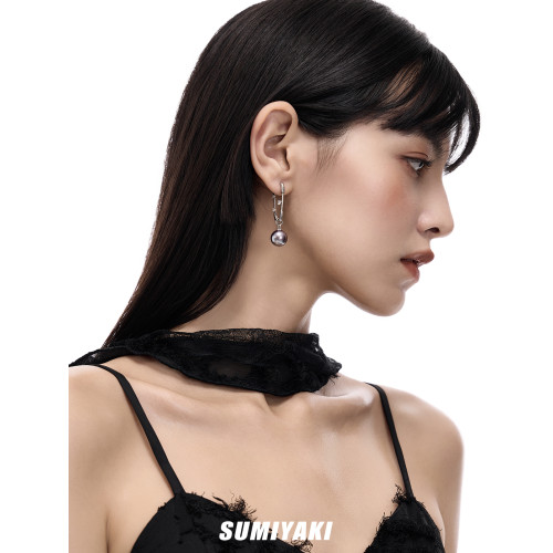 SUMIYAKI 鑲鑽廻形針正圓黑珍珠耳環耳墜耳釘