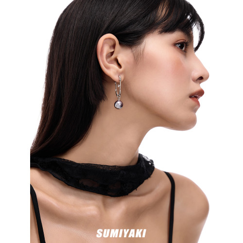 SUMIYAKI 鑲鑽廻形針正圓黑珍珠耳環耳墜耳釘