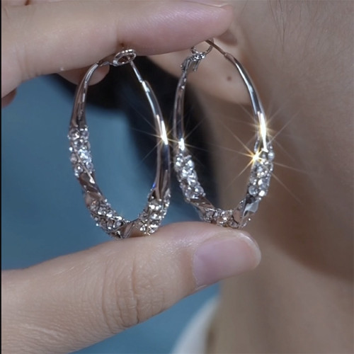 銀色鑲鑽耳圈輕奢高級感顯臉瘦大圈耳環925銀針耳釦網紅爆款耳飾 銀色鑲鑽耳圈輕奢高級感顯臉瘦大圈耳環925銀針耳釦網紅爆款耳飾
