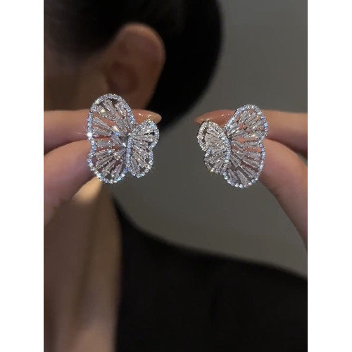 銀針鋯石兩戴蝴蝶耳釘小衆高級感簡約百搭新款耳環精緻甜美耳飾女