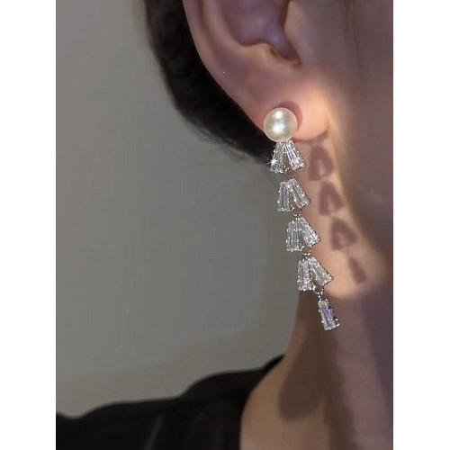 鋯石流蘇耳環小衆設計高級感長款珍珠s925銀針輕奢氣質耳飾新款女