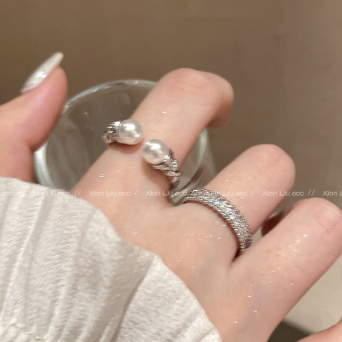 麻花雙珍珠開口戒指女小衆設計排鑽食指戒輕奢氣質高級感曡戴指環