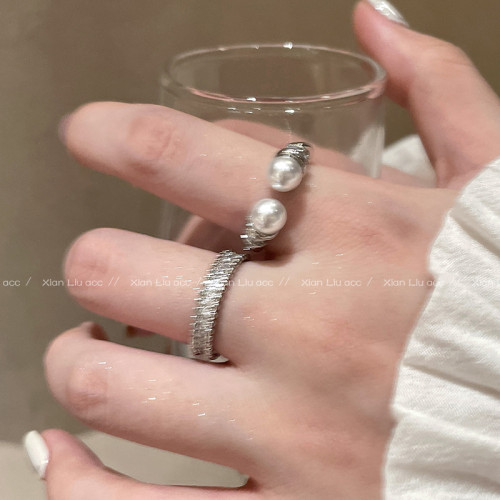 麻花雙珍珠開口戒指女小衆設計排鑽食指戒輕奢氣質高級感曡戴指環