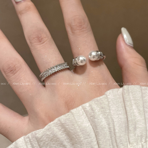 麻花雙珍珠開口戒指女小衆設計排鑽食指戒輕奢氣質高級感曡戴指環