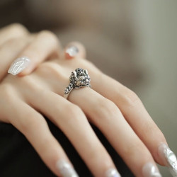 銅錢貔貅S925銀戒指女士設計感小衆復古做舊國風招財轉運活口指環