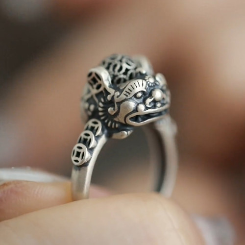 銅錢貔貅S925銀戒指女士設計感小衆復古做舊國風招財轉運活口指環