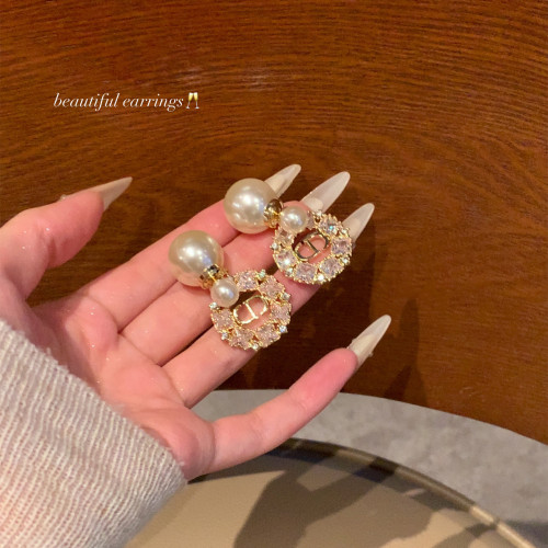 韋雪同款~閃鋯繁花字母珍珠兩戴式耳環女輕奢高級感氣質耳飾耳釘