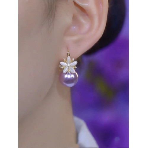 紫色珍珠鋯石花朵耳環2026新款爆款氣質耳釘高級感輕奢女人味耳飾