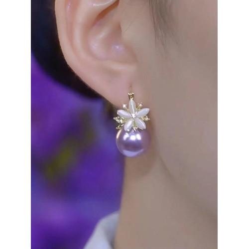 紫色珍珠鋯石花朵耳環2026新款爆款氣質耳釘高級感輕奢女人味耳飾