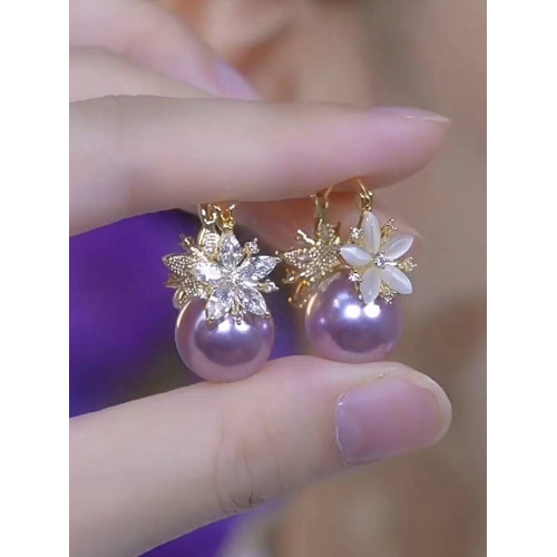 紫色珍珠鋯石花朵耳環2026新款爆款氣質耳釘高級感輕奢女人味耳飾