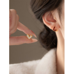 安可拉紅色滴釉愛心微鑲鋯石雙面耳釘女氣質高級感耳環時尚耳飾品