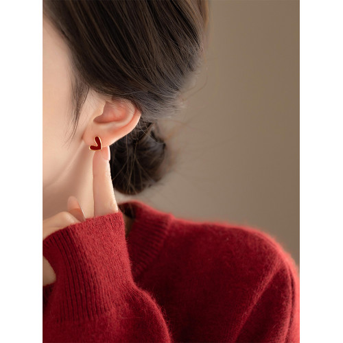 安可拉紅色滴釉愛心微鑲鋯石雙面耳釘女氣質高級感耳環時尚耳飾品