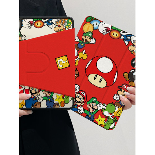 超創意【360旋轉】適用ipad11a16平板保護套pro11筆槽2021款10.2寸卡通馬裡奧10代10.9亞克力air45三折mini67