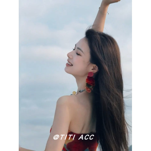 周芯竹同款彩色貝殼圓片流蘇耳釘海邊度假風耳環誇張獨特個性耳飾