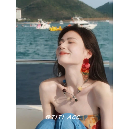 周芯竹同款彩色貝殼圓片流蘇耳釘海邊度假風耳環誇張獨特個性耳飾