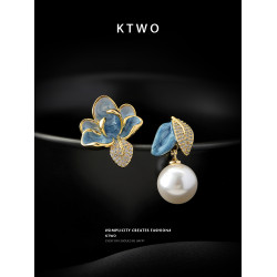 新款不對稱滴釉琺瑯耳墜耳釘女小衆高級感微鑲樹葉珍珠耳環耳飾品