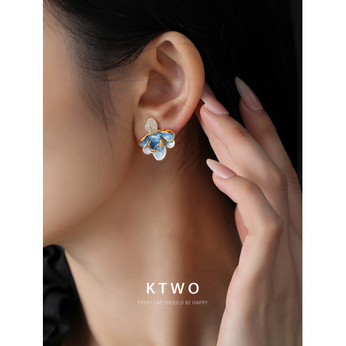 新款不對稱滴釉琺瑯耳墜耳釘女小衆高級感微鑲樹葉珍珠耳環耳飾品