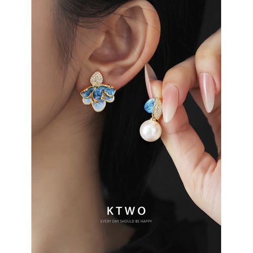 新款不對稱滴釉琺瑯耳墜耳釘女小衆高級感微鑲樹葉珍珠耳環耳飾品