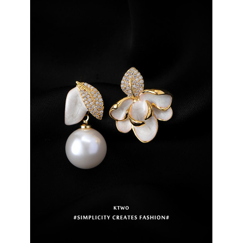 新款不對稱滴釉琺瑯耳墜耳釘女小衆高級感微鑲樹葉珍珠耳環耳飾品