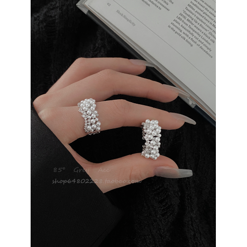 輕奢高級感珍珠戒指女小衆設計ins風開口可調節食指指環個性戒子