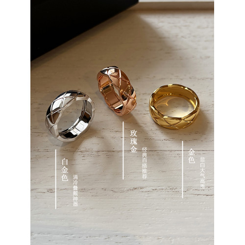 不掉色玫瑰金菱格紋戒指女小衆個性素圈食指中指戒子指環銀色尾戒