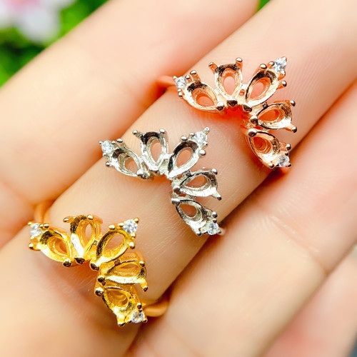 S925銀戒指空托韓版開口設計款群鑲水滴形3*5mm坦桑碧璽水晶配件