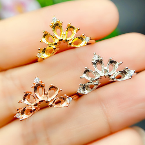 S925銀戒指空托韓版開口設計款群鑲水滴形3*5mm坦桑碧璽水晶配件