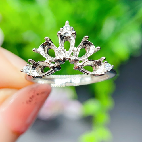 S925銀戒指空托韓版開口設計款群鑲水滴形3*5mm坦桑碧璽水晶配件