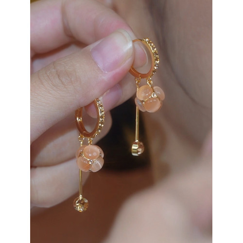 香檳金色貓眼石球球流蘇耳釦耳環女高級感設計網紅百搭耳飾防過敏