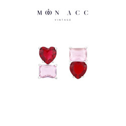 MOON ACC/紅色愛心方鑽鋯石不對稱耳釘 小衆設計感無耳洞耳夾耳飾
