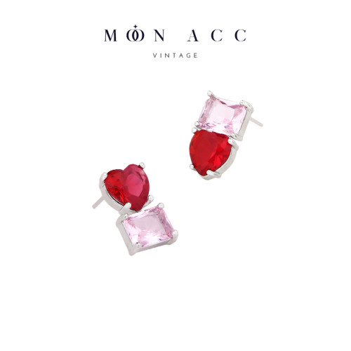 MOON ACC/紅色愛心方鑽鋯石不對稱耳釘 小衆設計感無耳洞耳夾耳飾