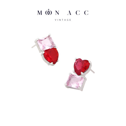 MOON ACC/紅色愛心方鑽鋯石不對稱耳釘 小衆設計感無耳洞耳夾耳飾