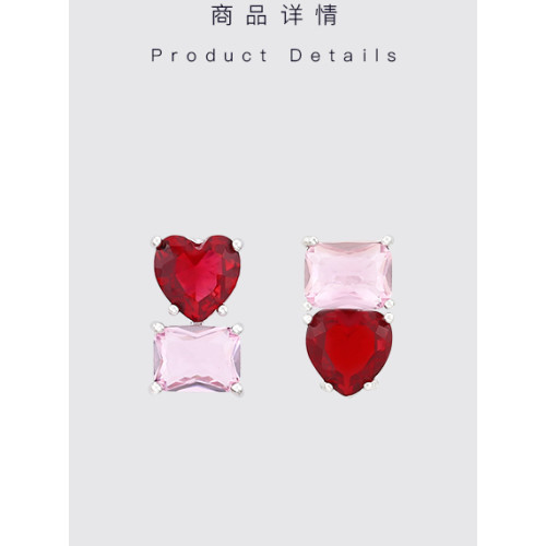 MOON ACC/紅色愛心方鑽鋯石不對稱耳釘 小衆設計感無耳洞耳夾耳飾