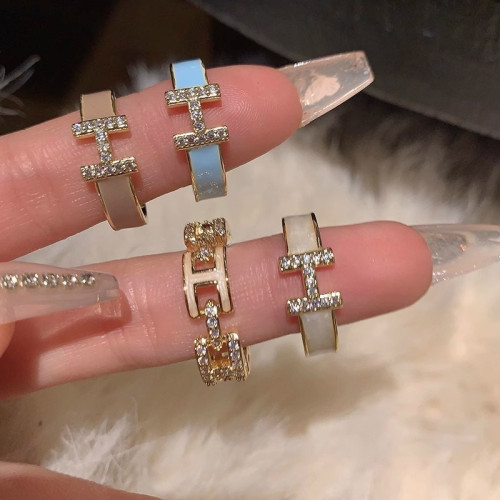 H字母戒指~鍍真金！琺瑯滴油高級感輕奢開口食指戒獨特小衆指環女