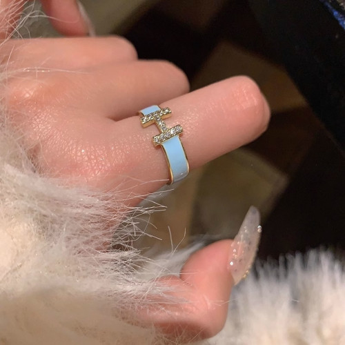 H字母戒指~鍍真金！琺瑯滴油高級感輕奢開口食指戒獨特小衆指環女